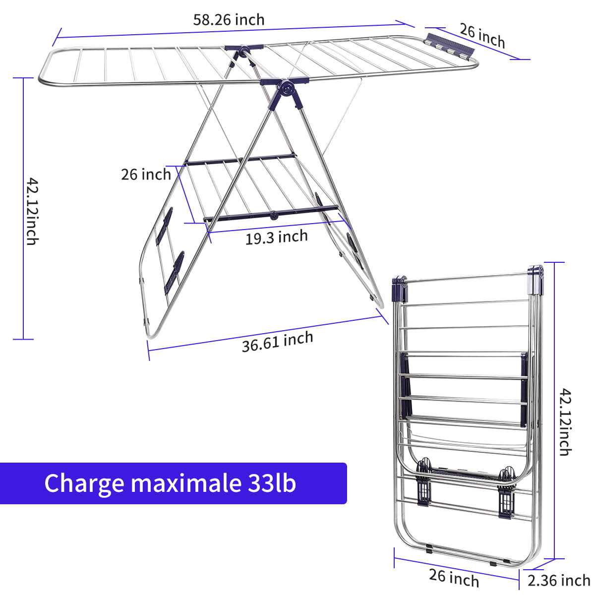 Cheflaud Clothes Drying Rack with Bonus Sock Clips Stainless Steel Gullwing Space-Saving Laundry Rack - Image 3