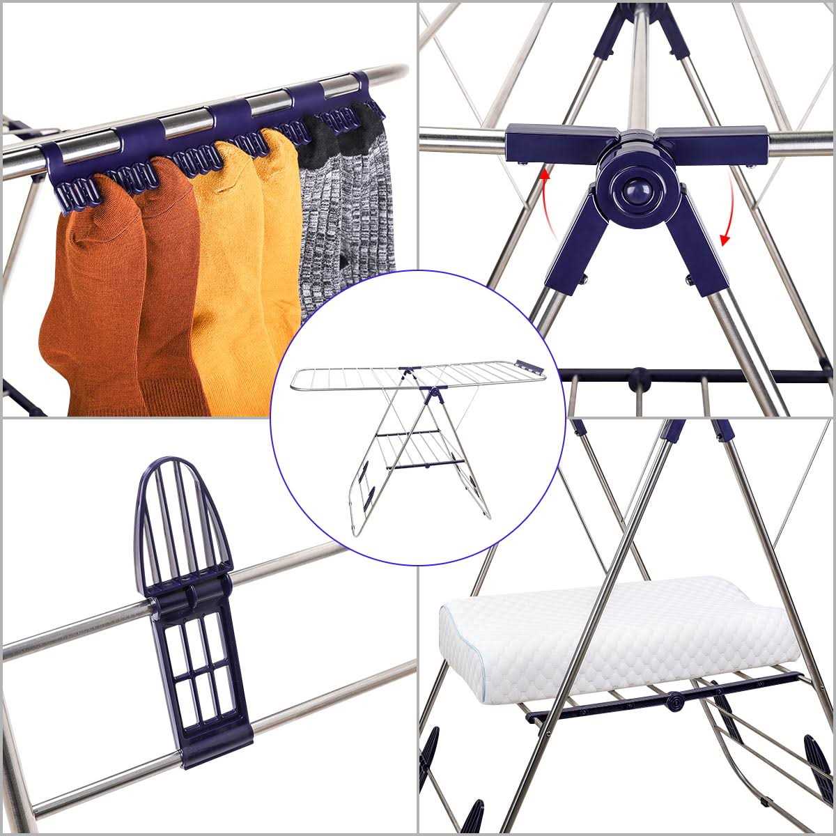 Cheflaud Clothes Drying Rack with Bonus Sock Clips Stainless Steel Gullwing Space-Saving Laundry Rack - Image 5