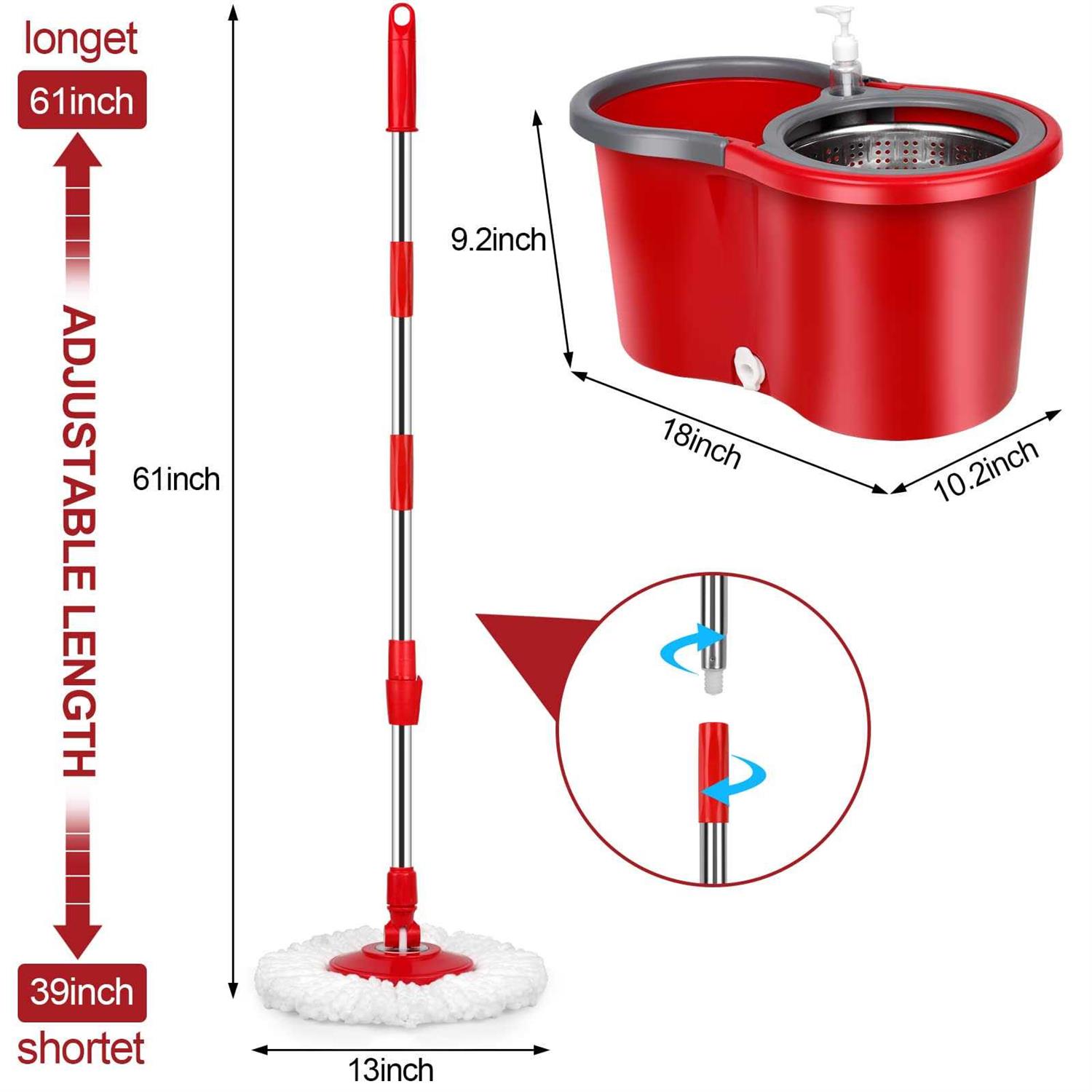 Spin Mop and Bucket with Wringer Set,Mop and Bucket Set for Floor Cleaning with 3 Mop Refills 61 inches Telescoping Mop Rod for Office and Home use - Image 3