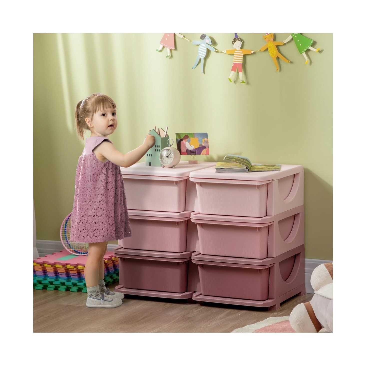 Qaba 3 Tier Kids Storage Unit 6 Drawer Chest Toy Organizer Plastic Bins for Kids Bedroom Nursery Kindergarten Living Room for Boys Girls Toddlers - Image 4