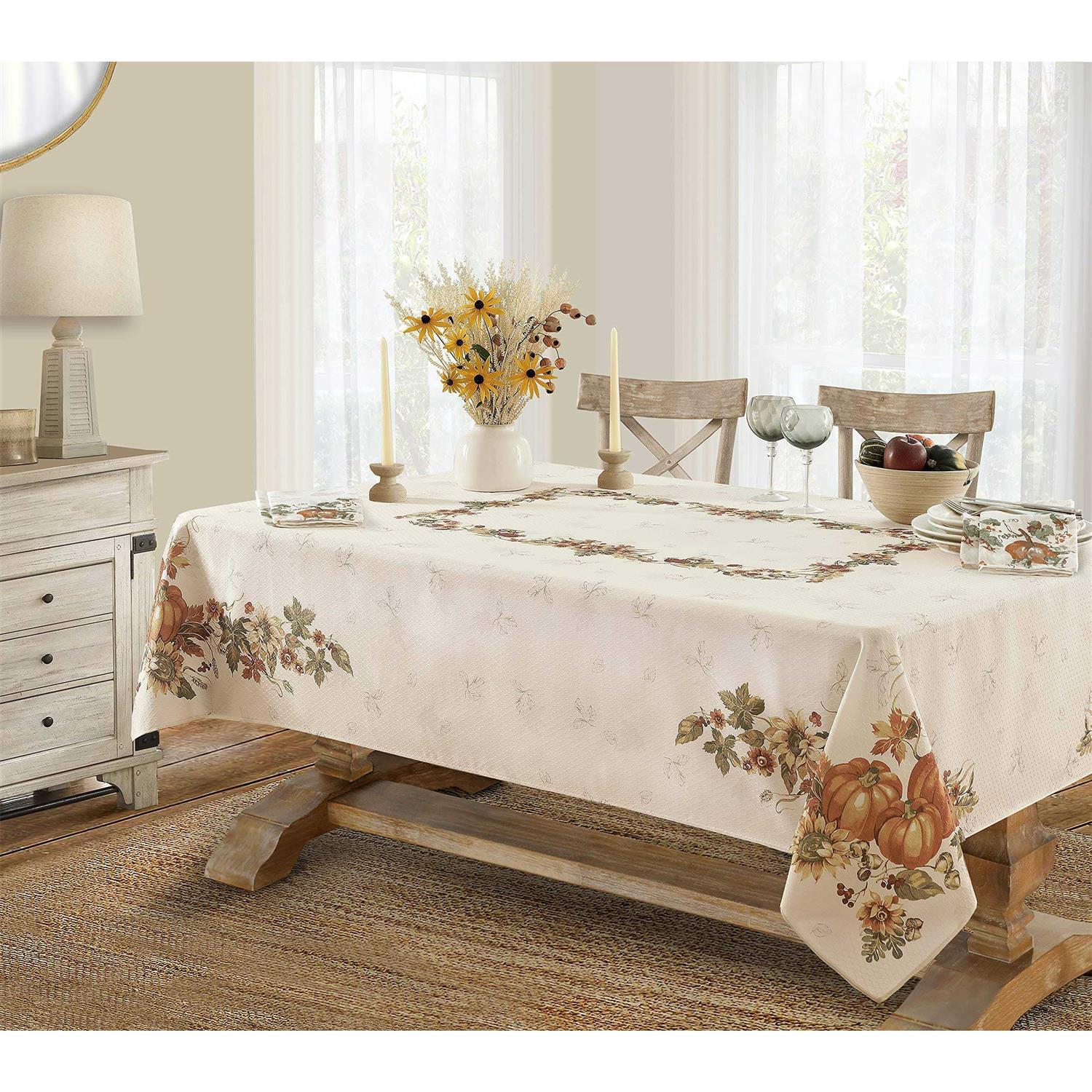 Lintex Stockbridge Pumpkin Harvest Bordered Thanksgiving Tablecloth, Autumn Fall Leaf, Sunflower and Acorn Border Print Easy Car - Image 3
