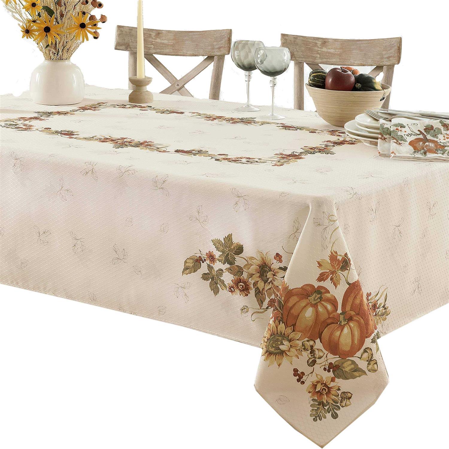 Lintex Stockbridge Pumpkin Harvest Bordered Thanksgiving Tablecloth, Autumn Fall Leaf, Sunflower and Acorn Border Print Easy Car - Image 4