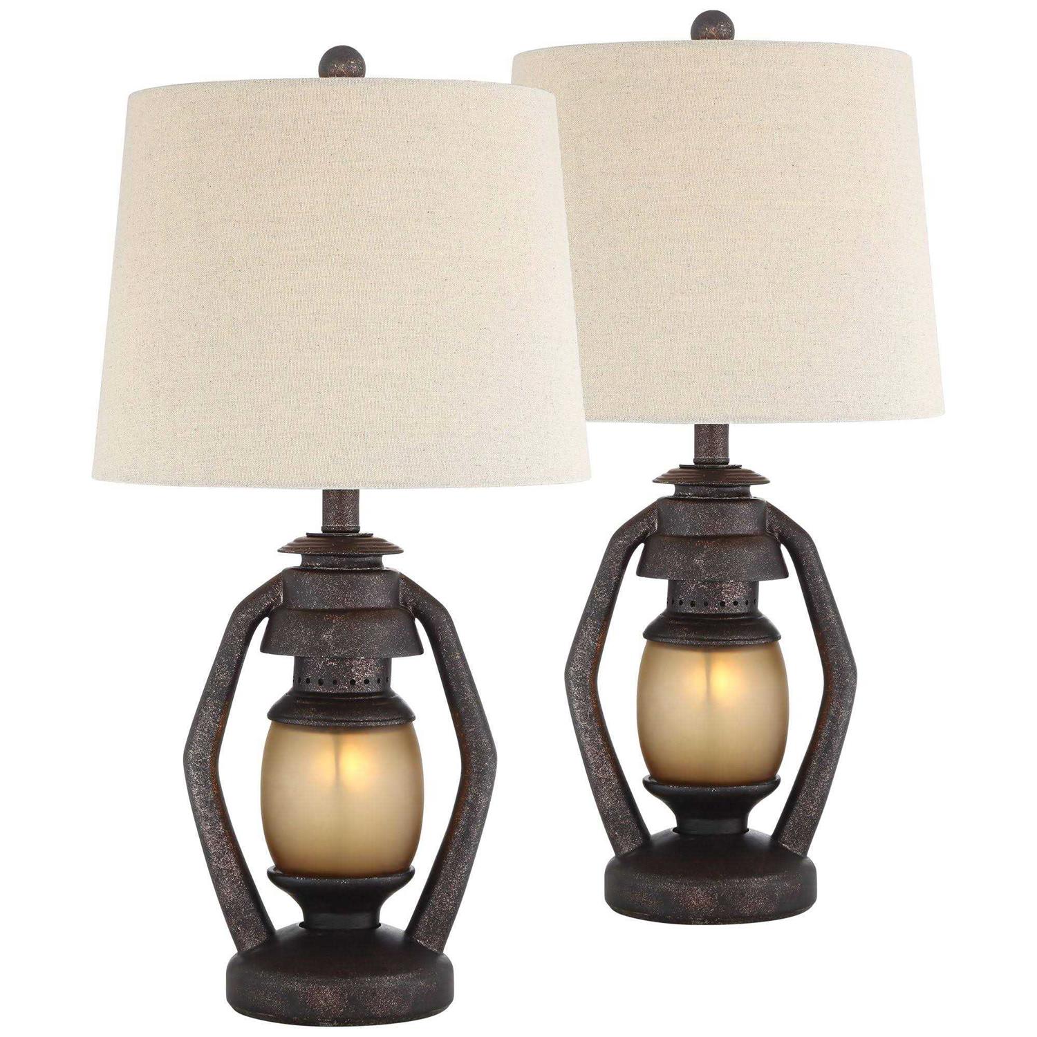 Franklin Iron Works Horace Rustic Table Lamps 25 1/4 High Set of 2 Brown with Nightlight Miner Lantern Oatmeal Drum Shade for Bedroom Living Room - Image 3