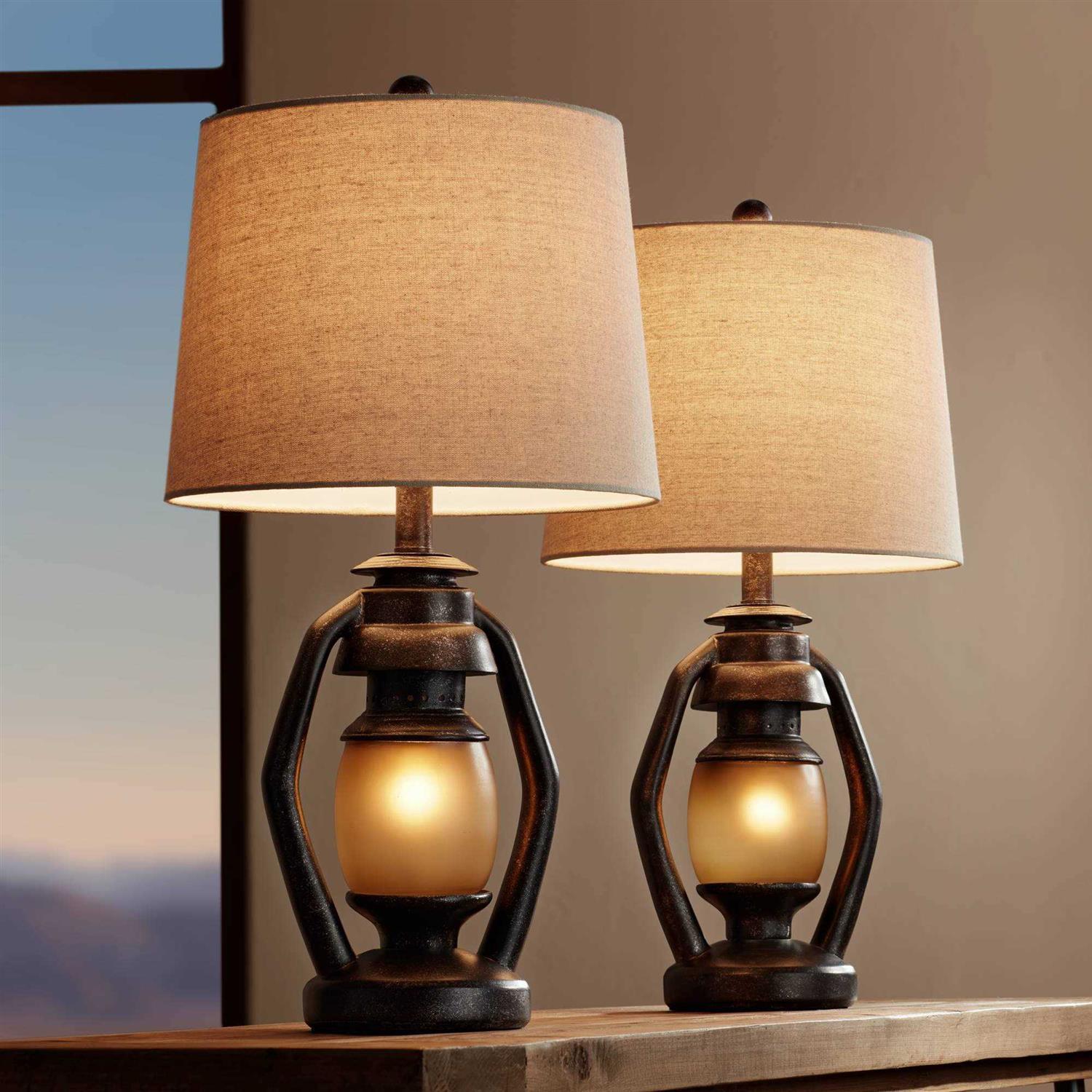 Franklin Iron Works Horace Rustic Table Lamps 25 1/4 High Set of 2 Brown with Nightlight Miner Lantern Oatmeal Drum Shade for Bedroom Living Room - Image 5