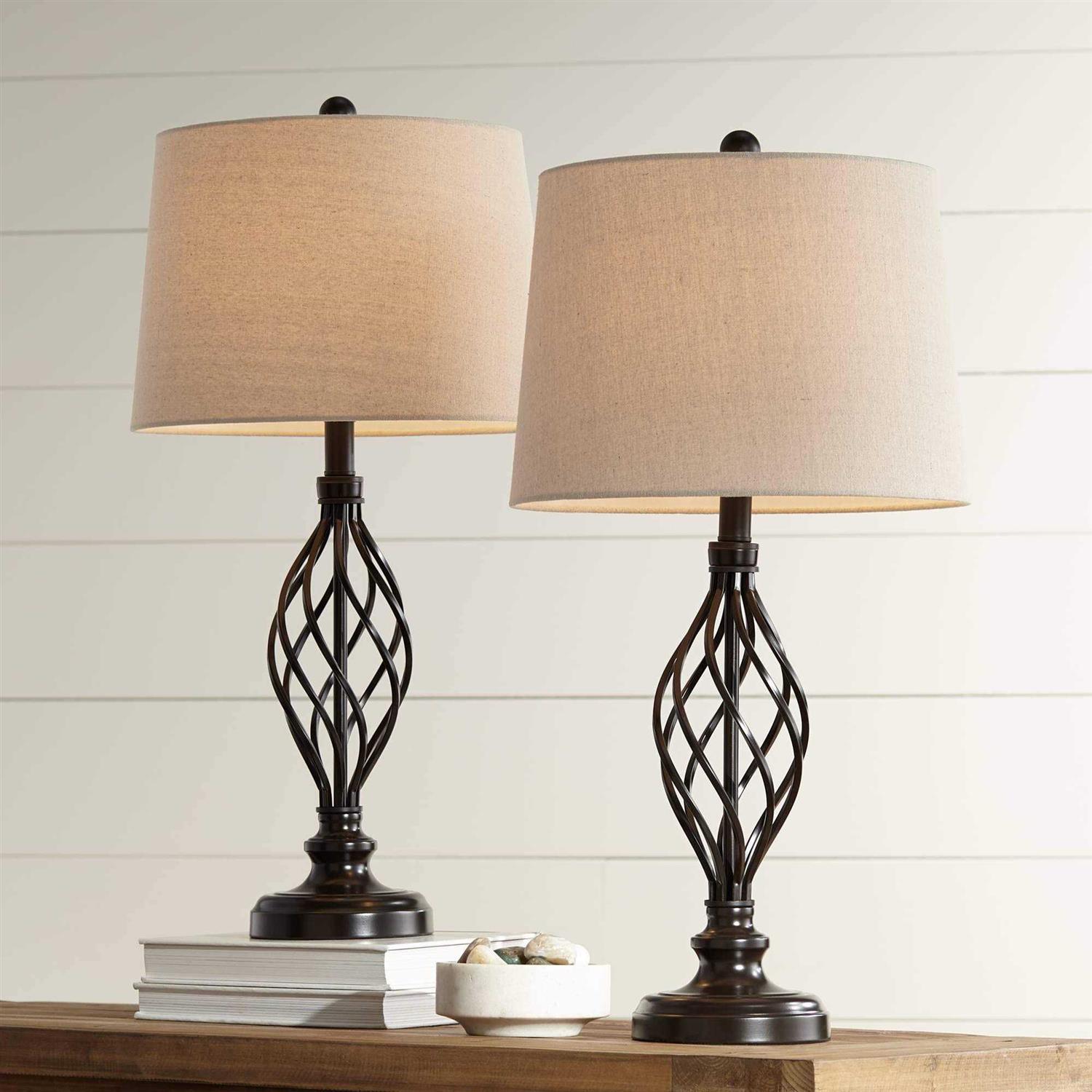 Franklin Iron Works Annie Modern Industrial Table Lamps 28 Tall Set of 2 Iron Cream Tapered Drum Shade for Bedroom Living Room - Image 5