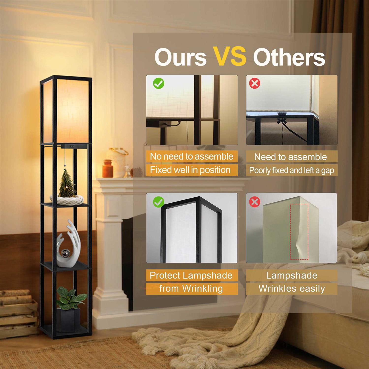 Outon Floor Lamp with Shelves USB Port Linen Shade 63.7'' Memory Function Tall LED Wood Shelf Floor Lamp for Living Room - Image 4