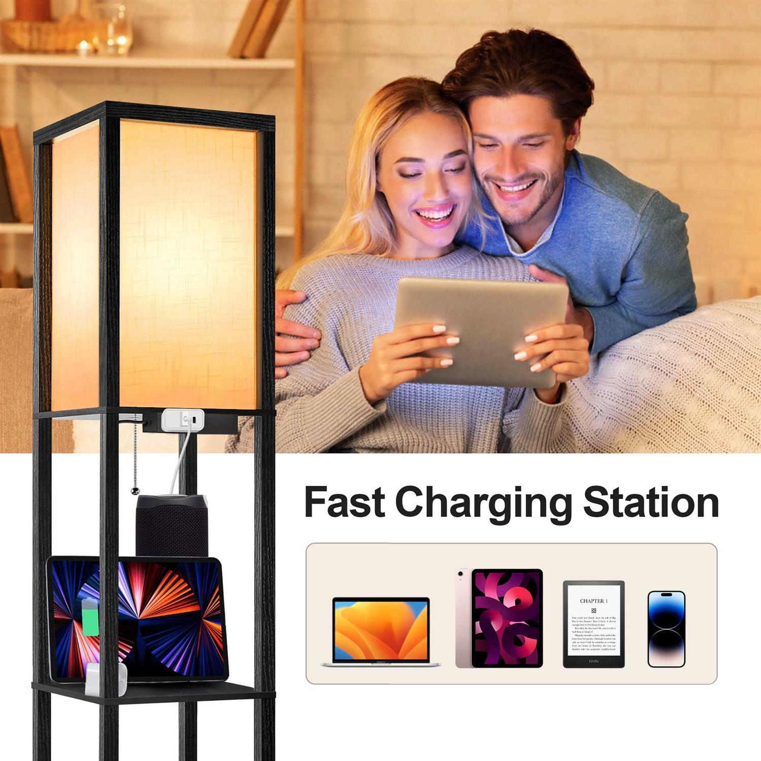 Outon Floor Lamp with Shelves USB Port Linen Shade 63.7'' Memory Function Tall LED Wood Shelf Floor Lamp for Living Room - Image 5