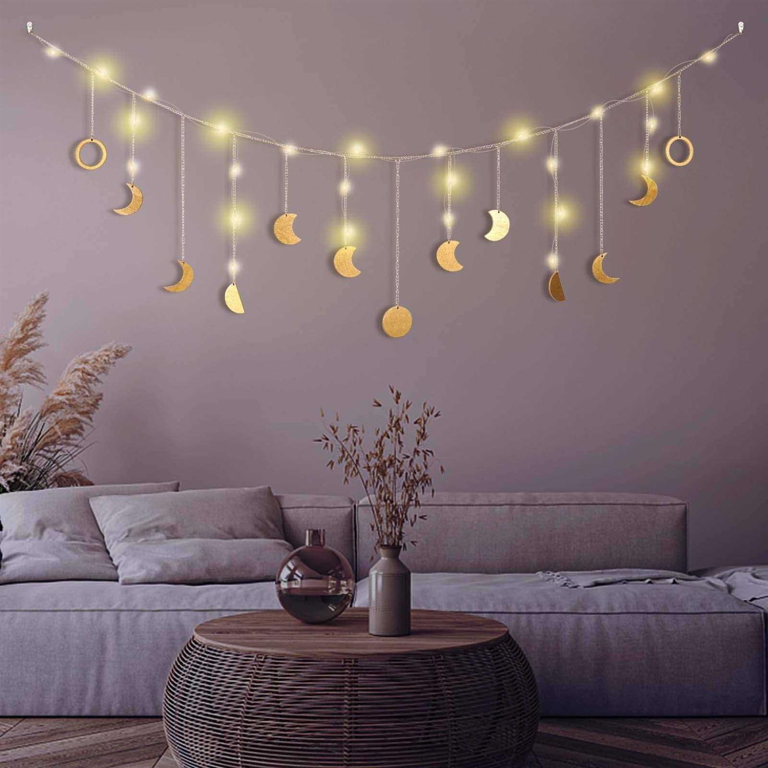 Moon Phase Wall Decor with LED String Light 13 Gold Wood Boho Wall Hanging Decor Mood Garland 56 - Image 3