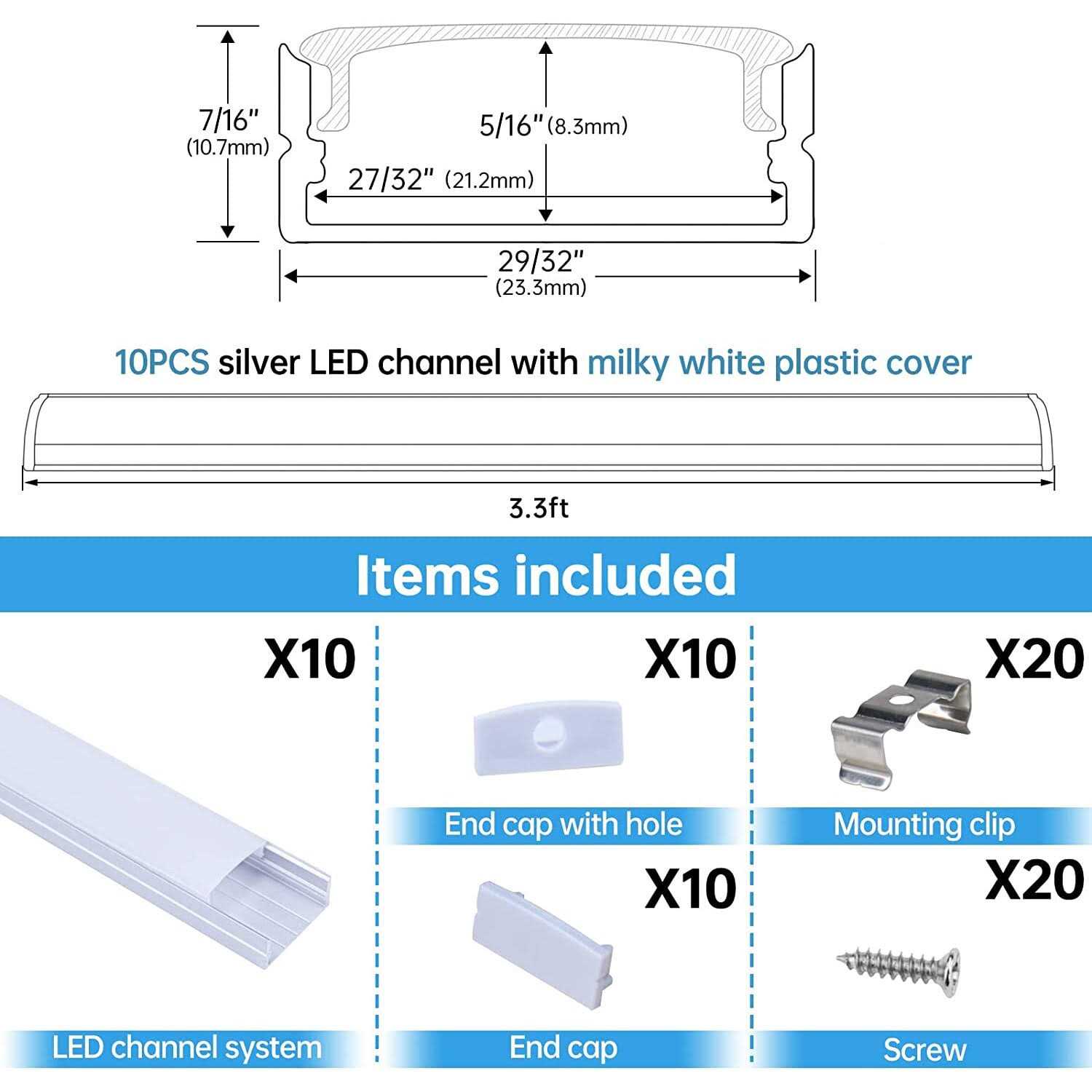 Muzata 10Pack 3.3ft Double Row LED Channel with Milky White Cover Silver Wide Aluminum Profile Track for Waterproof LED Strip Lights Plus U105 1M WW - Image 5