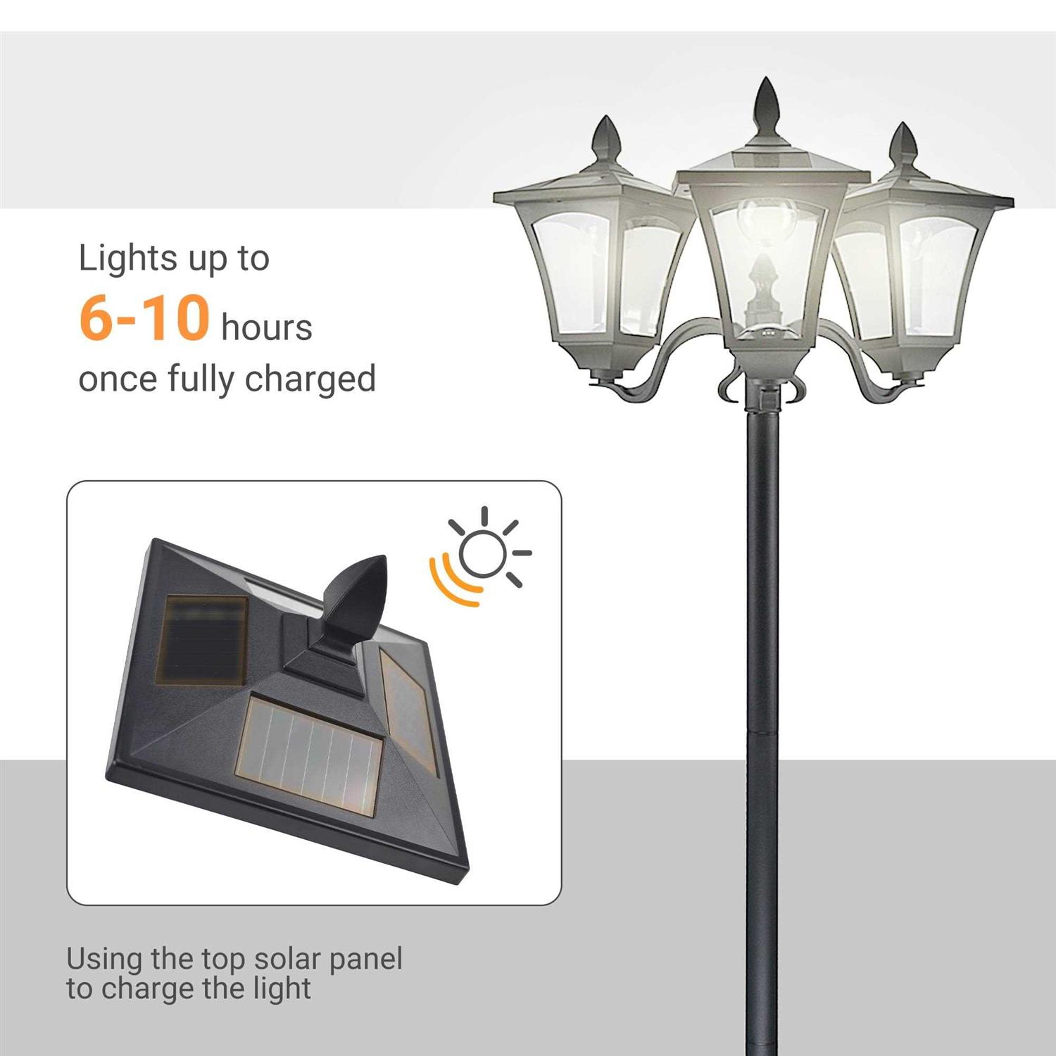 Outsunny 72 Solar Lamp Post Triple-Head Street Light All-Weather Waterproof Stainless Steel - Image 3