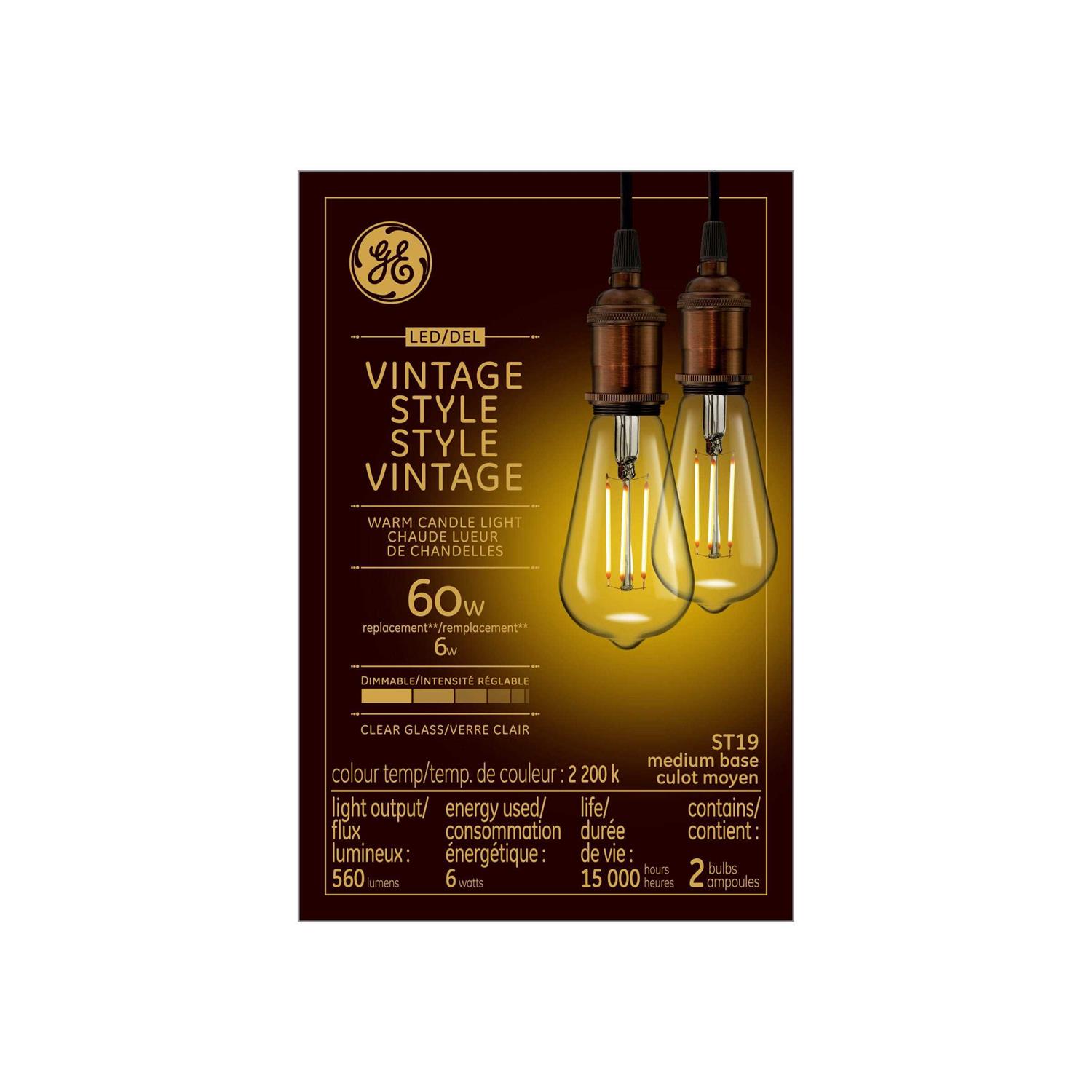 GE Vintage 2-Pack 60 W Equivalent Dimmable Soft White St19 Vintage LED Light Fixture Light Bulb - Image 3