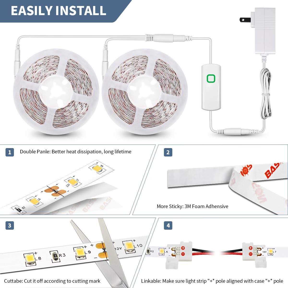 MY BEAUTY LIGHT Led Strip Lights Warm White Dimmable Led Light Strip Flexible Rope Lights Kits with 24v Etl Power Supply - Image 3