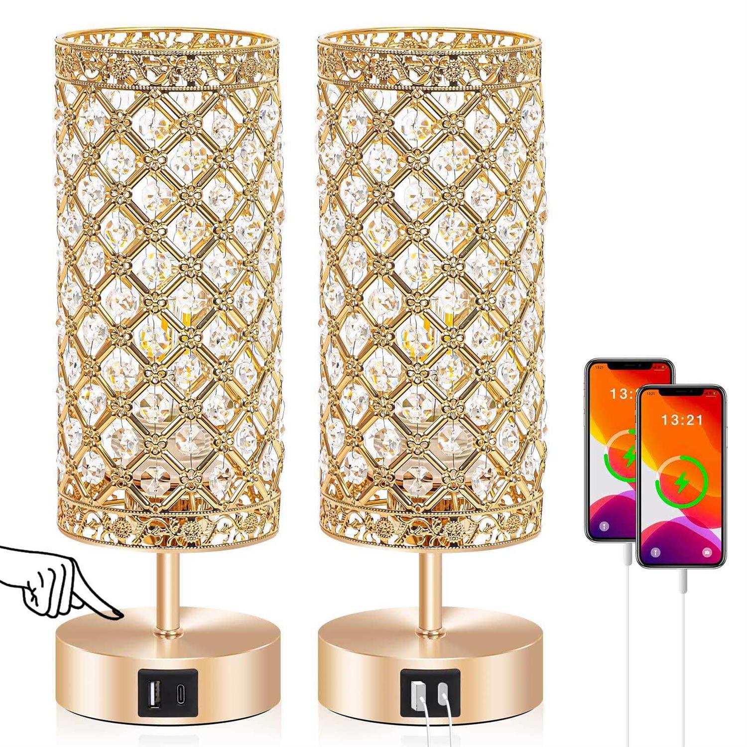 ganiude touch control crystal table lamps set of 2 nightstand lamps with usb c+a charging ports - Image 3