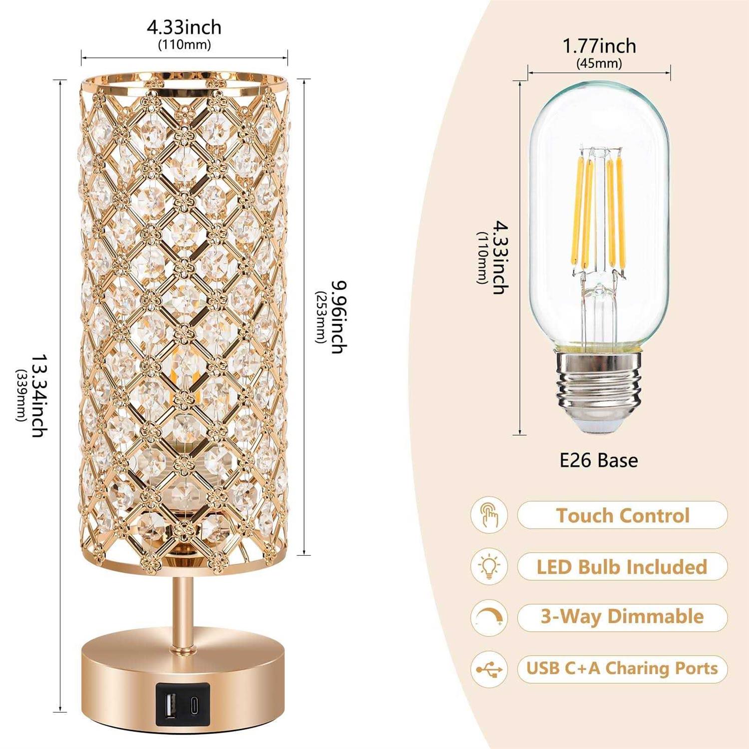 ganiude touch control crystal table lamps set of 2 nightstand lamps with usb c+a charging ports - Image 5