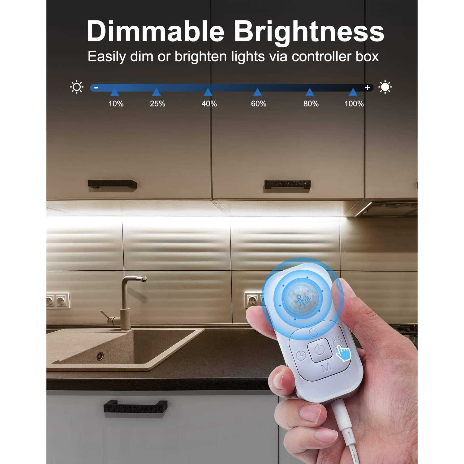 Feuymoent motion sensor led light strip under cabinet lighting with power adapter, 6 adjustable brightness and timing - Image 3