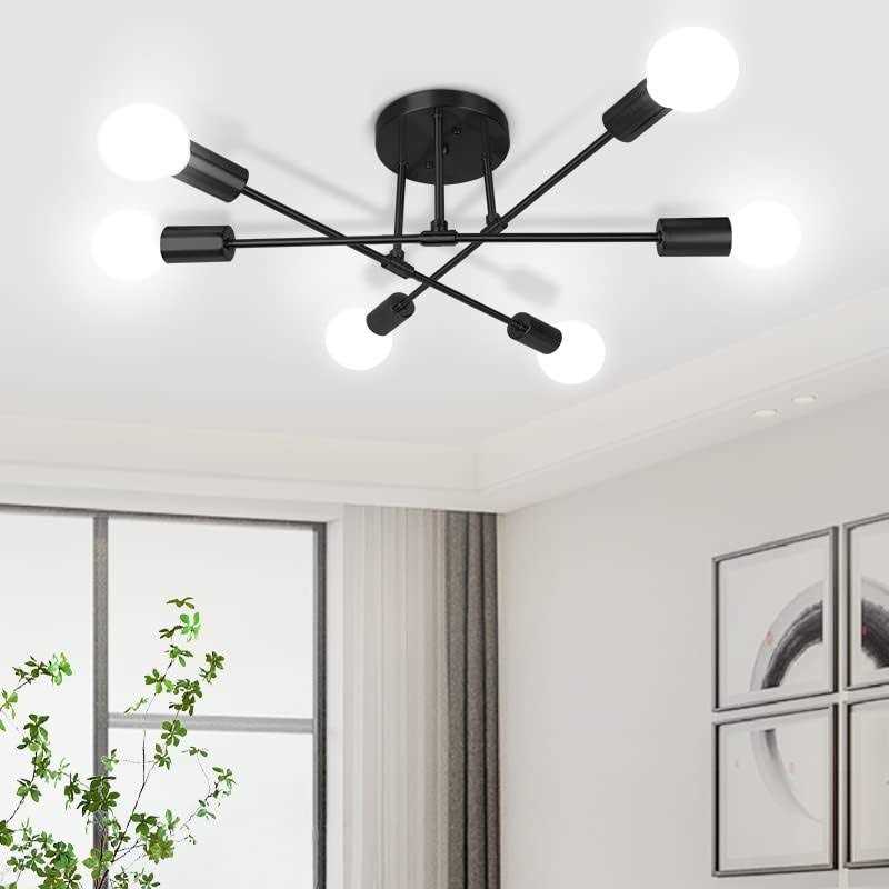 Modern Sputnik Chandelier Ceiling Light Fixture With 6 Lights Black Mid Century Semi Flush Mount Ceiling Lights Fixture for Bedroom - Image 5