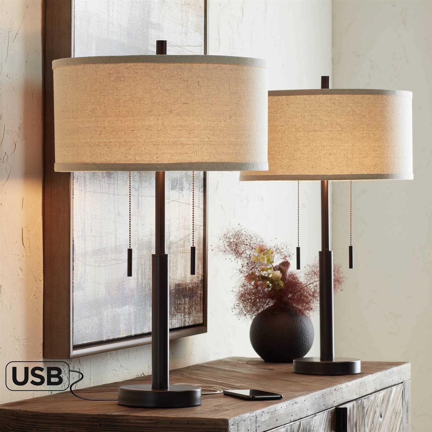 Franklin Iron Works Bernie Industrial Table Lamps Set of 2 with Hotel Style USB Charging Port Rich Bronze Drum Shade for Living - Image 4