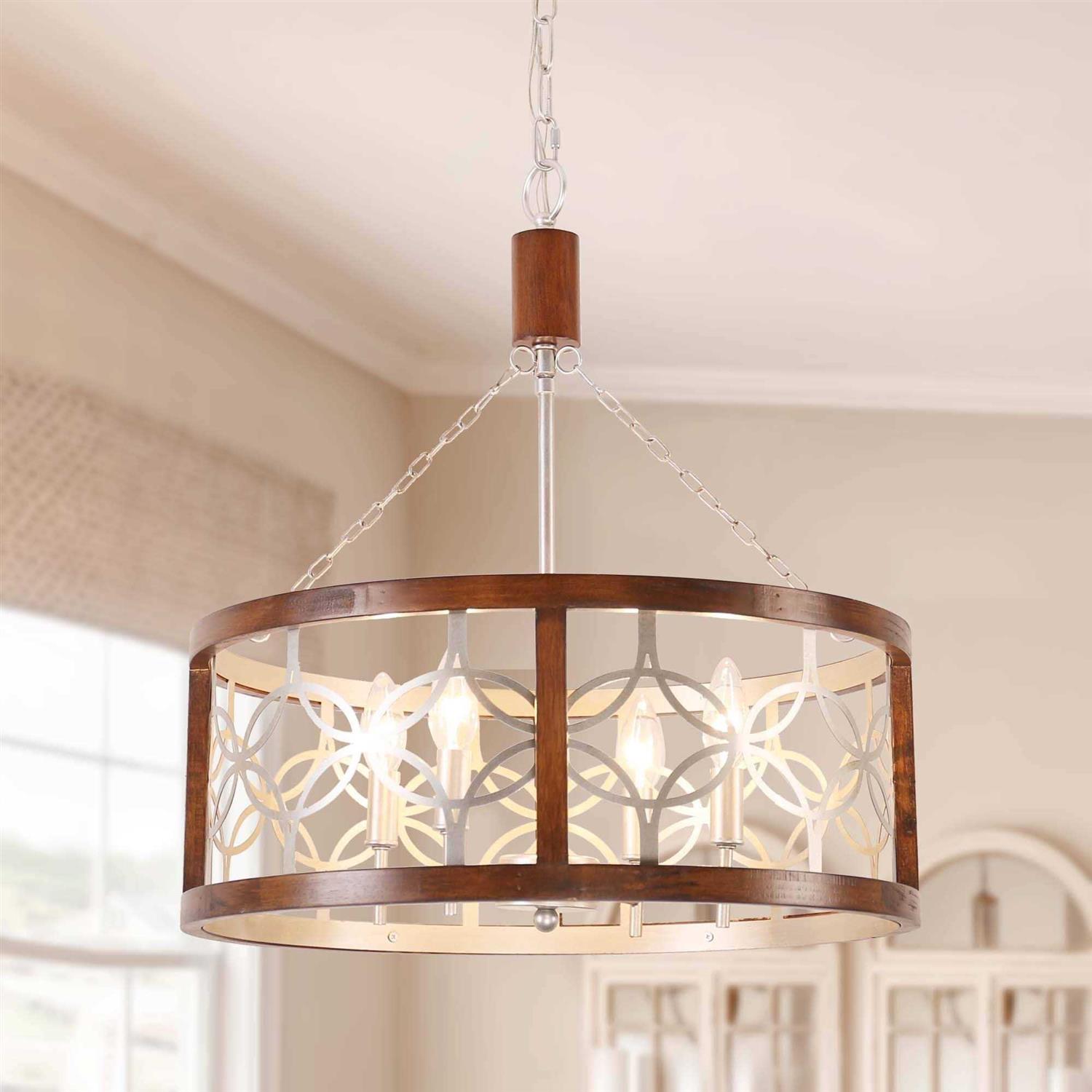 Oaks Aura Rustic Farmhouse 4-Light Wood Ceiling Light Drum Shabby Chic Wood Chandelier FC4058-4H - Image 4