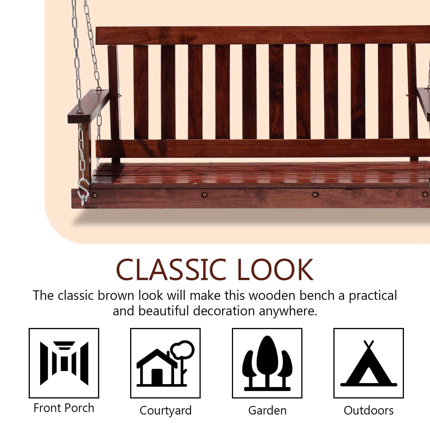 Paylesshere Outdoor Wooden 4Ft/48in Outdoor Swings 800lb Weight Bench Porch Swing for Adults - Image 5