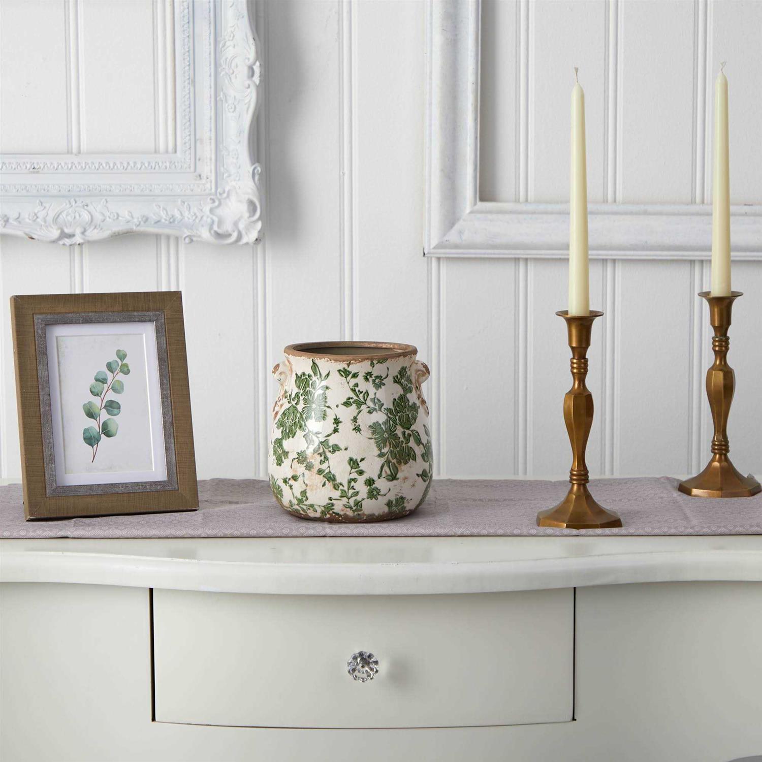 Nearly Natural Tuscan Ceramic Green Scroll Planter - Image 3