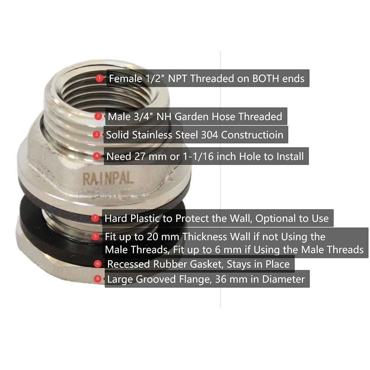 RAINPAL SSBF020 Stainless Steel 304 Bulkhead Tank Fitting - Image 4
