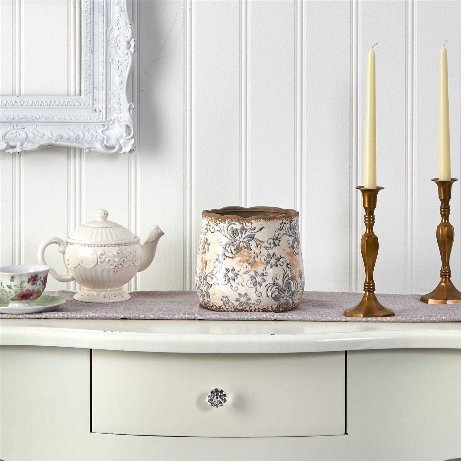 Nearly Natural Tuscan Ceramic Gray Scroll Planter - Image 3