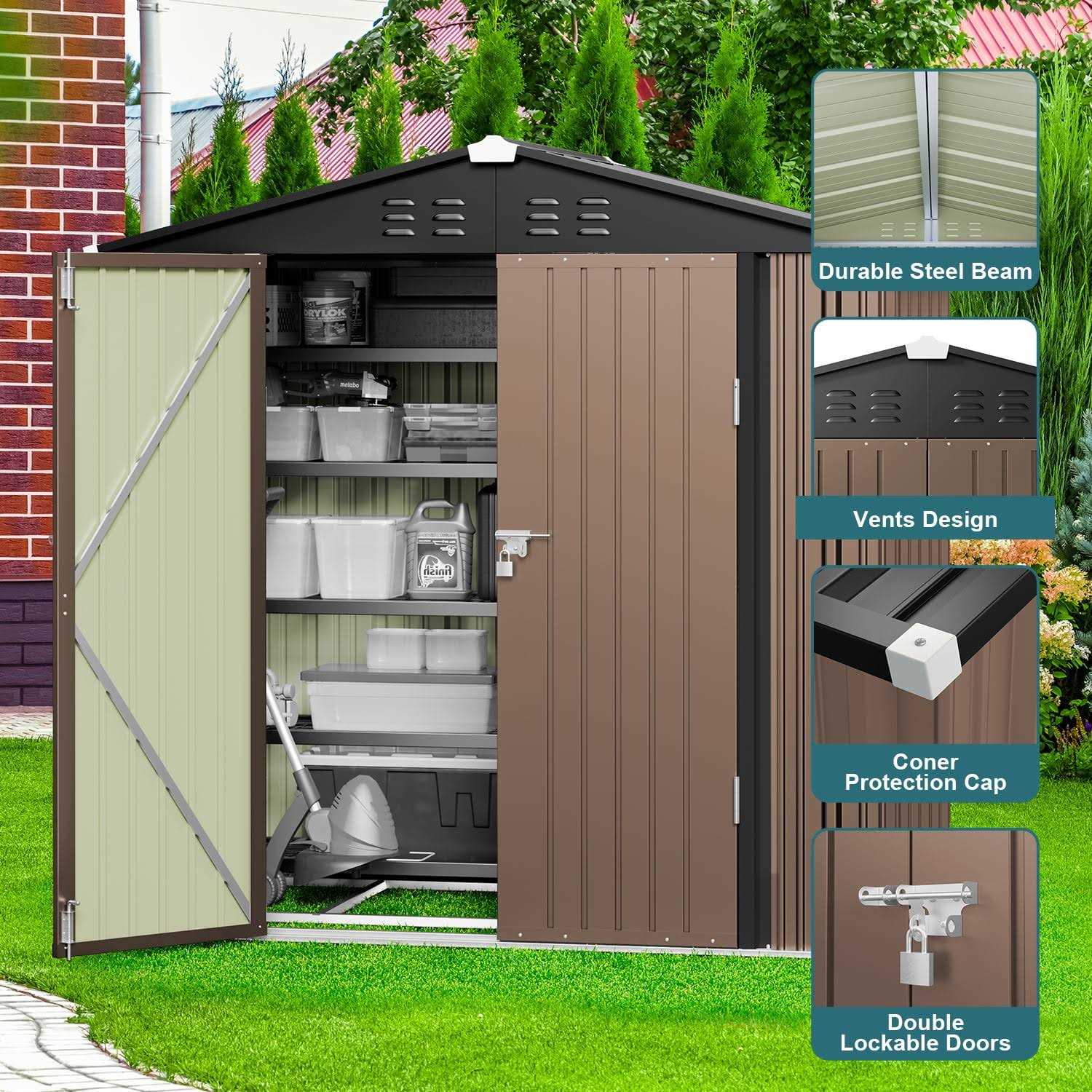 Lofka 6 x 4 FT Outdoor Shed for Storage Metal Garden Shed with Double Lockable Doors - Image 5