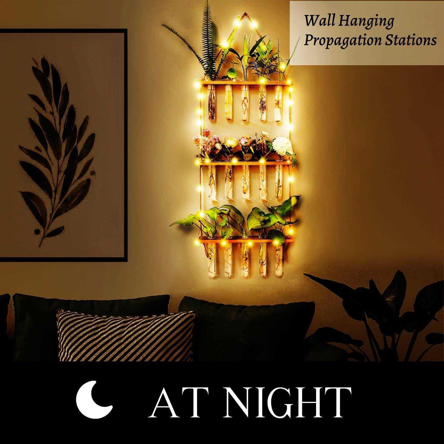 MYFINCA Propagation Stations Wall Hanging Planter Terrarium with LED Lights & Wooden Stand Propogation Planters Glass Tube Vase for Hydroponic Plant - Image 4