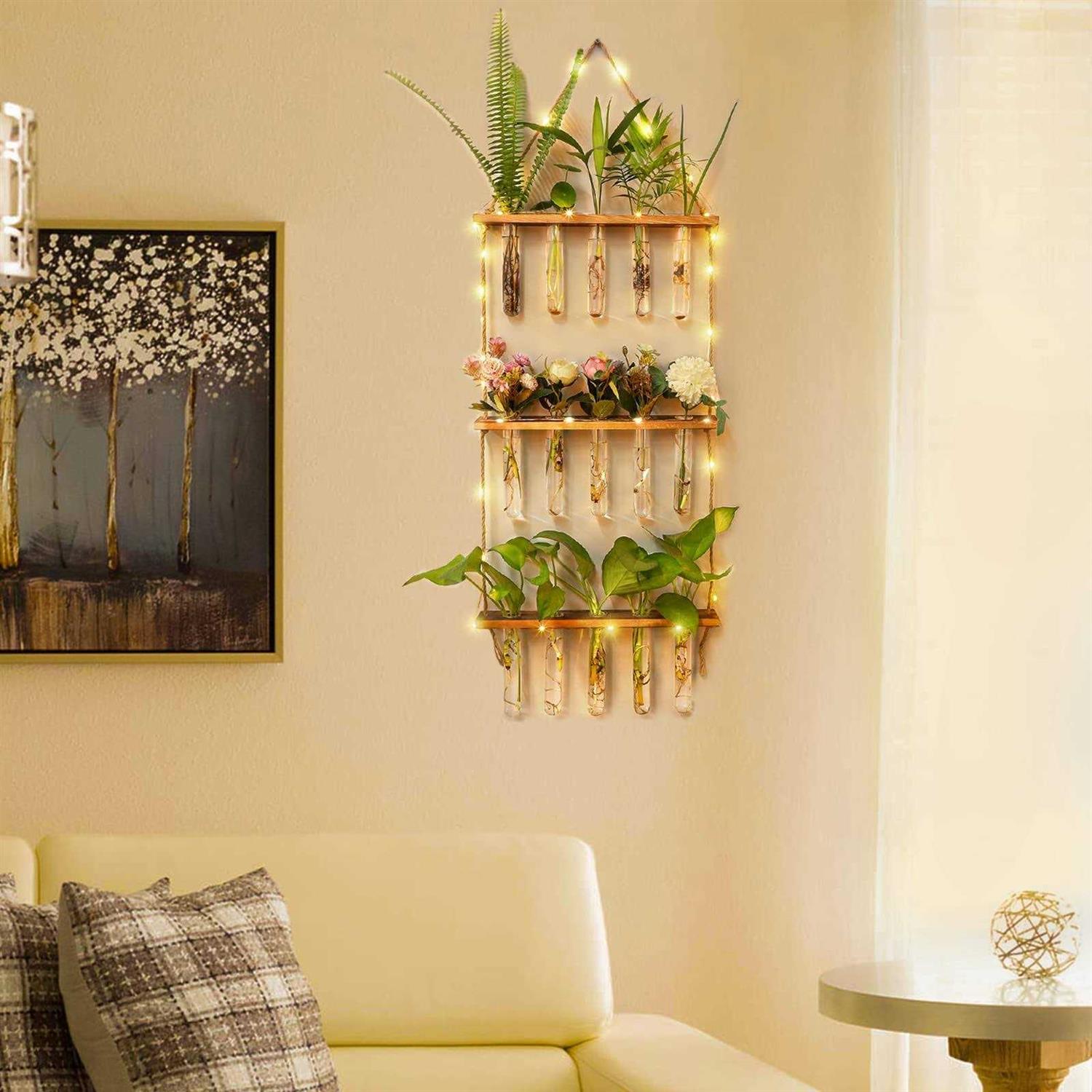 MYFINCA Propagation Stations Wall Hanging Planter Terrarium with LED Lights & Wooden Stand Propogation Planters Glass Tube Vase for Hydroponic Plant - Image 5