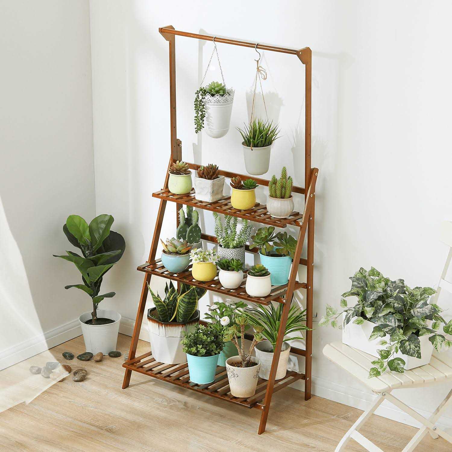 Multilayer Bamboo Wood Plant Stand Triangular Shelving With Hanging Basket MoNiBloom - Image 3