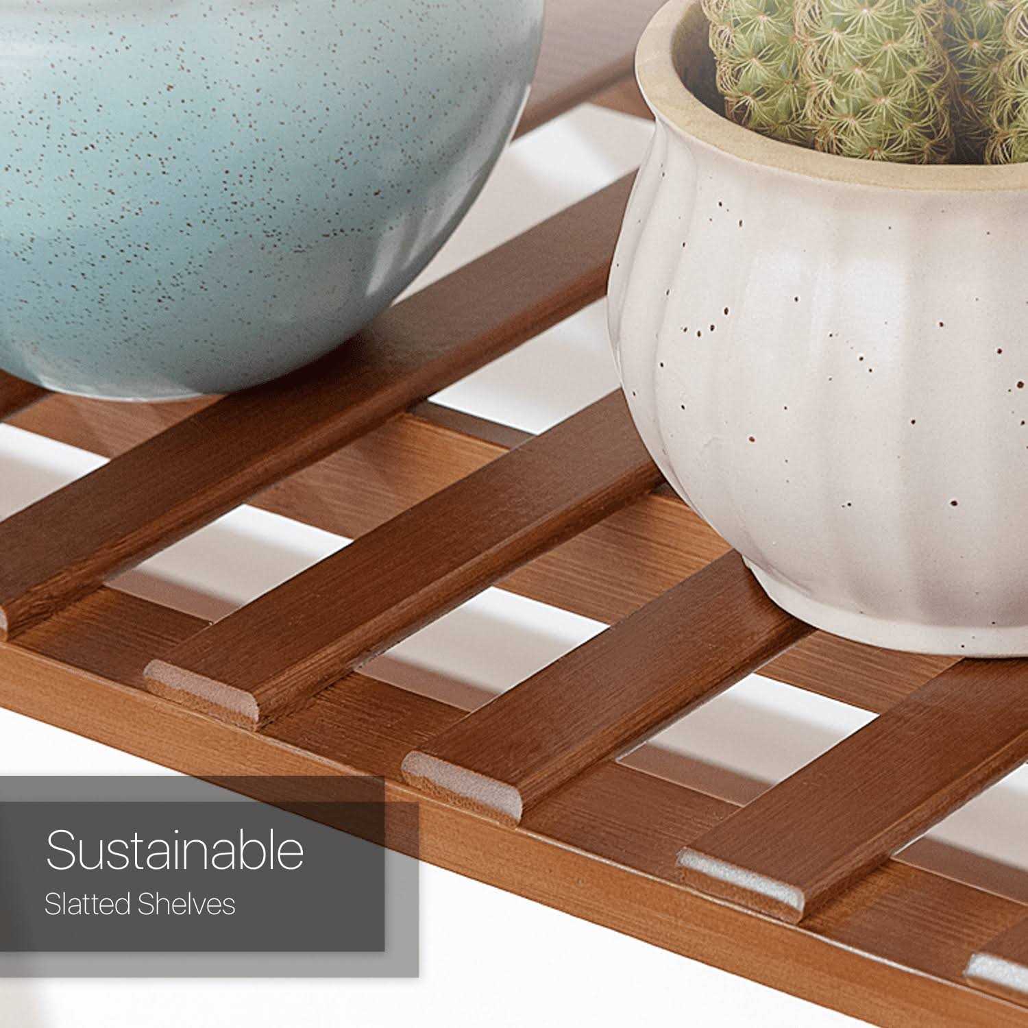 Multilayer Bamboo Wood Plant Stand Triangular Shelving With Hanging Basket MoNiBloom - Image 5