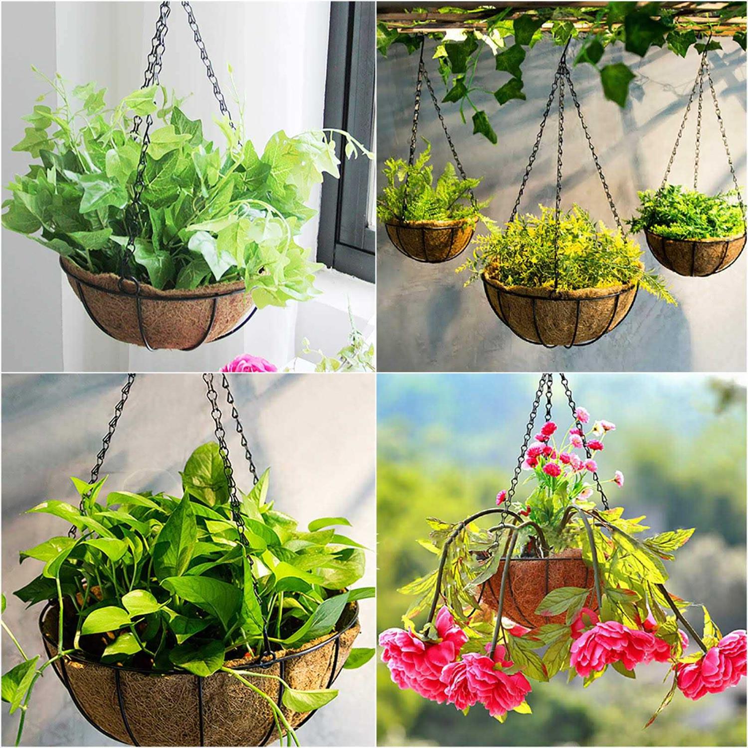 EIMQUVW 4 Pack Hanging Planter Basket with Coco Coin Liner 8 inch Hanging Flower Pots Outdoor Decorative Round Wire Plant Holder with Chain Metal - Image 4