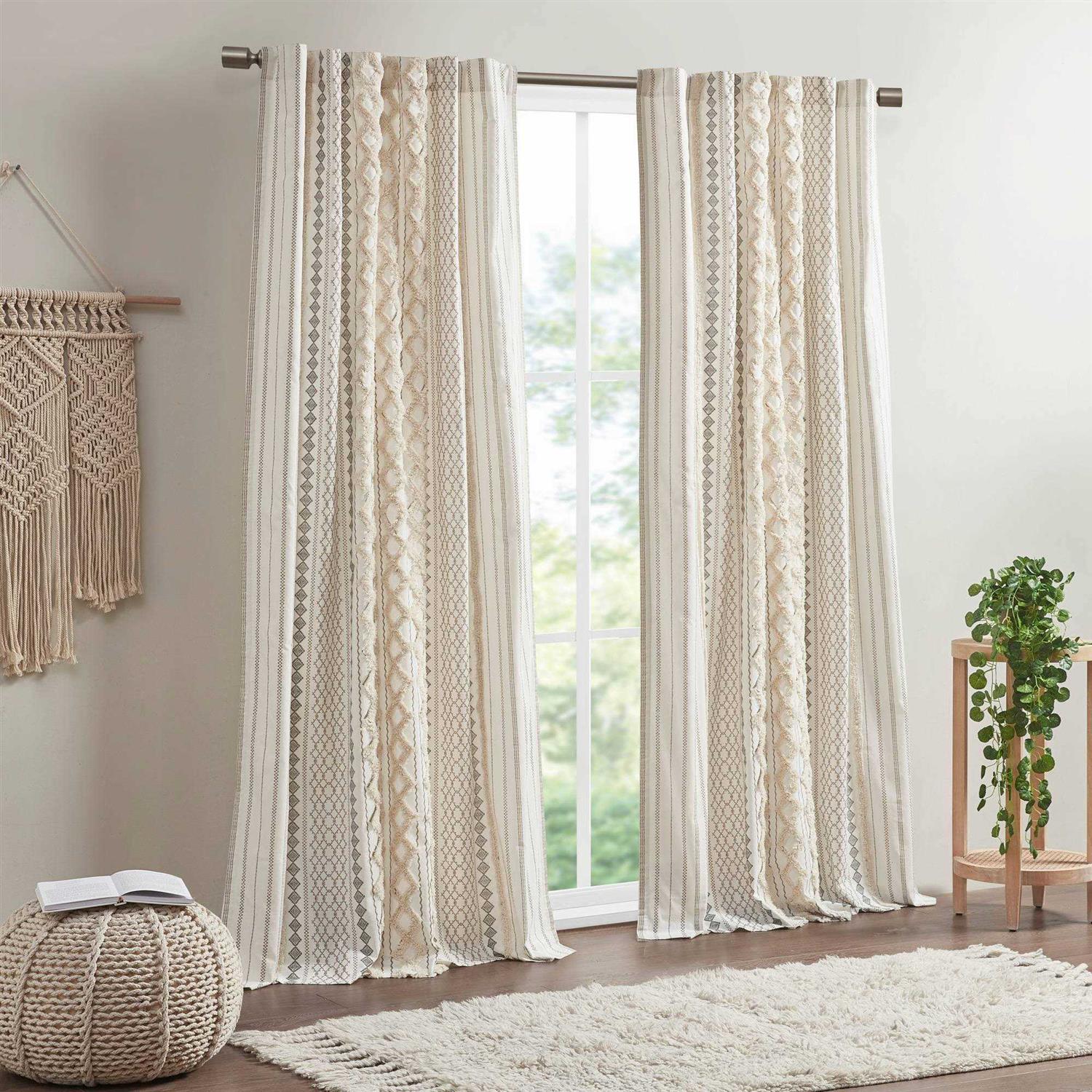 INK+IVY Imani Cotton Printed Curtain Panel with Chenille Stripe and Lining - Image 3