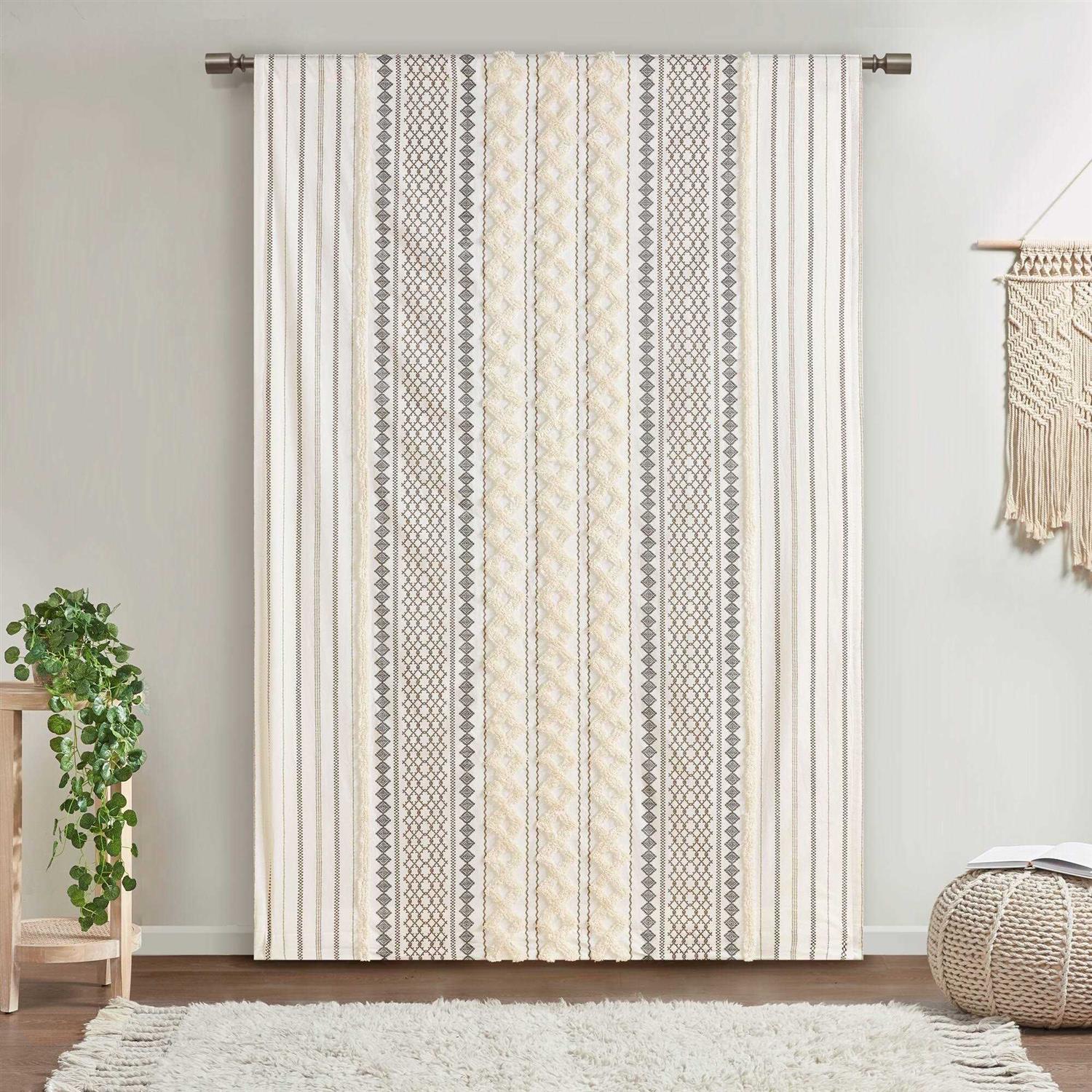 INK+IVY Imani Cotton Printed Curtain Panel with Chenille Stripe and Lining - Image 4